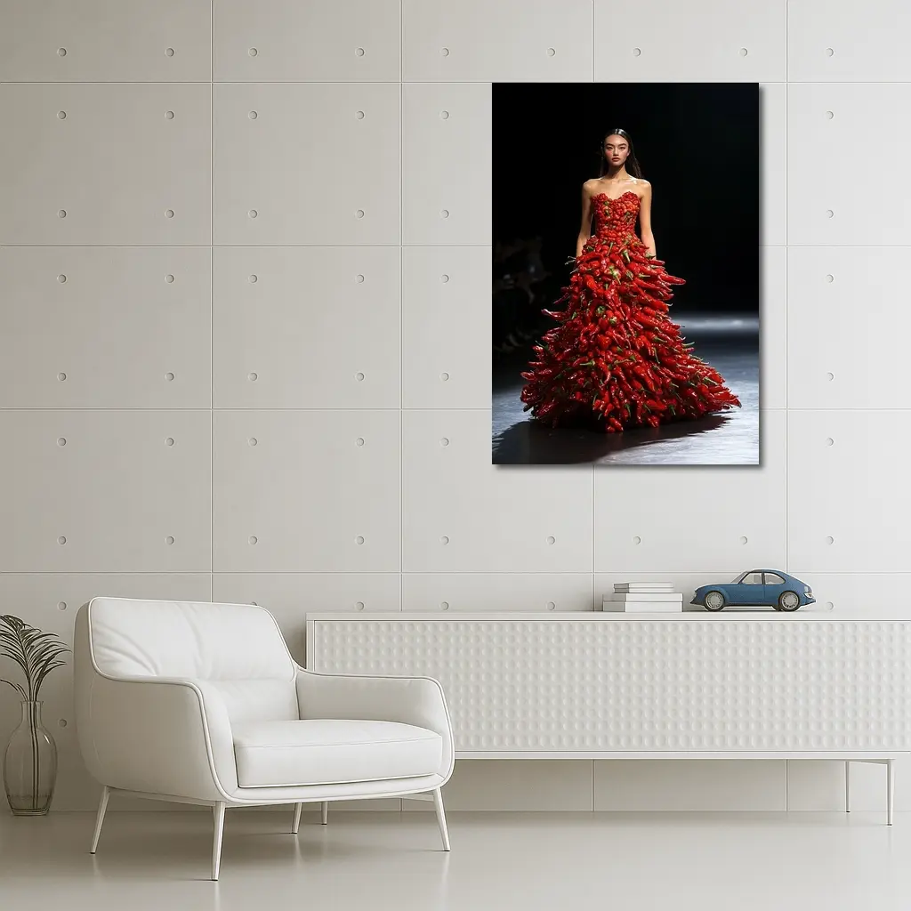 Model Wearing Red Chili Pepper Gown Runway – Wall Art