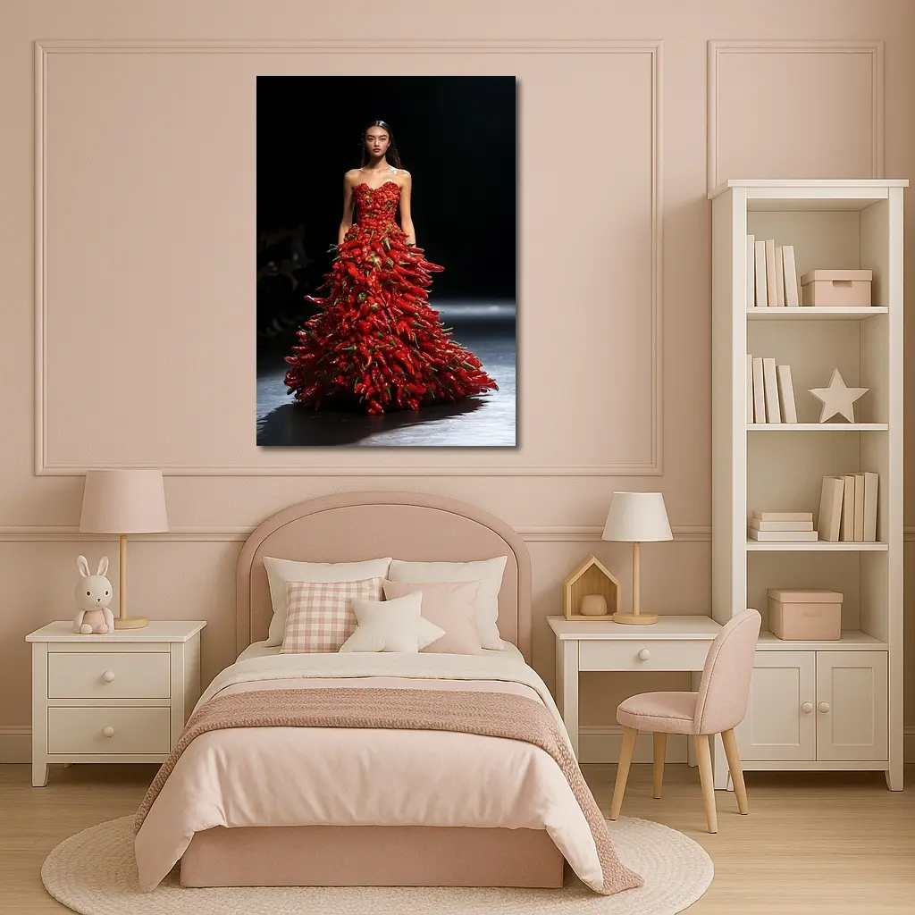 Model Wearing Red Chili Pepper Gown Runway – Wall Art