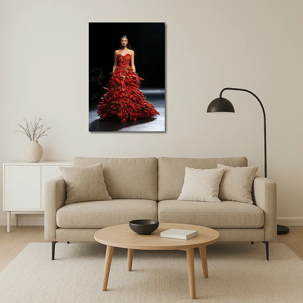 Model Wearing Red Chili Pepper Gown Runway – Wall Art