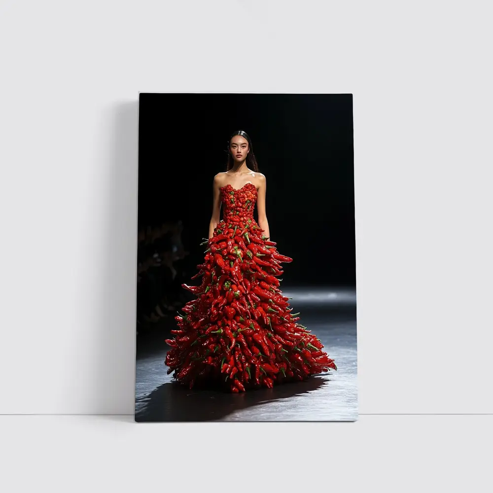 Model Wearing Red Chili Pepper Gown Runway – Wall Art