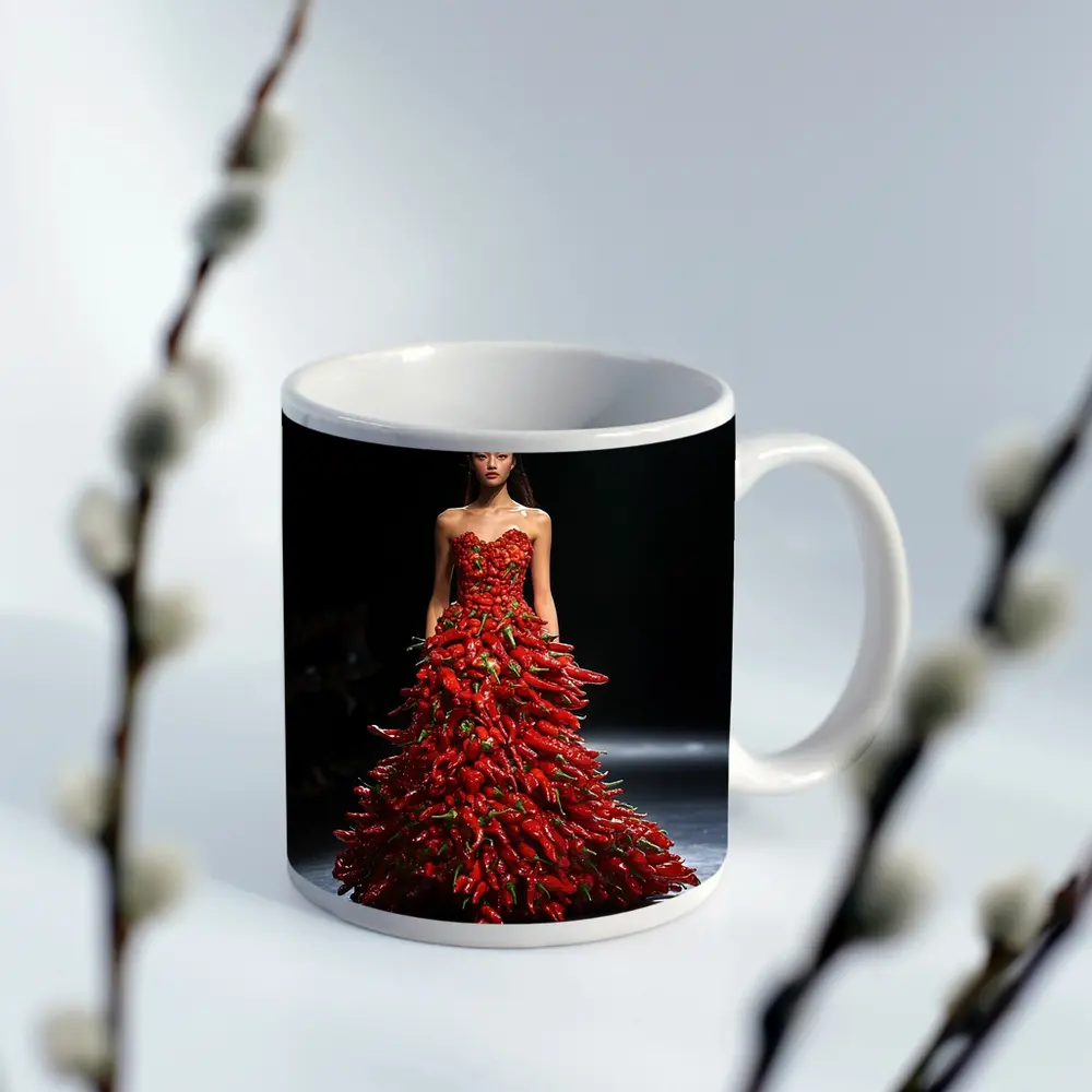 Model Wearing Red Chili Pepper Gown Runway – Mugs