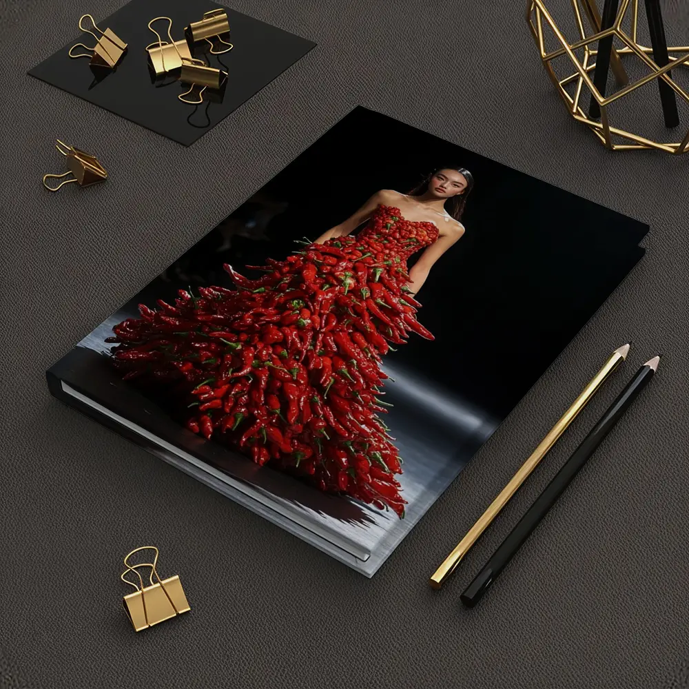 Model Wearing Red Chili Pepper Gown Runway – Notebooks