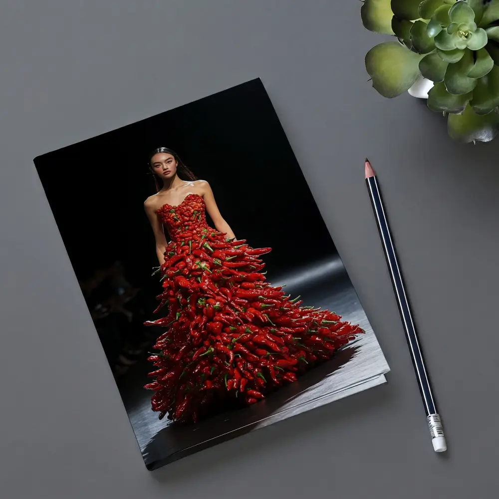 Model Wearing Red Chili Pepper Gown Runway – Notebooks