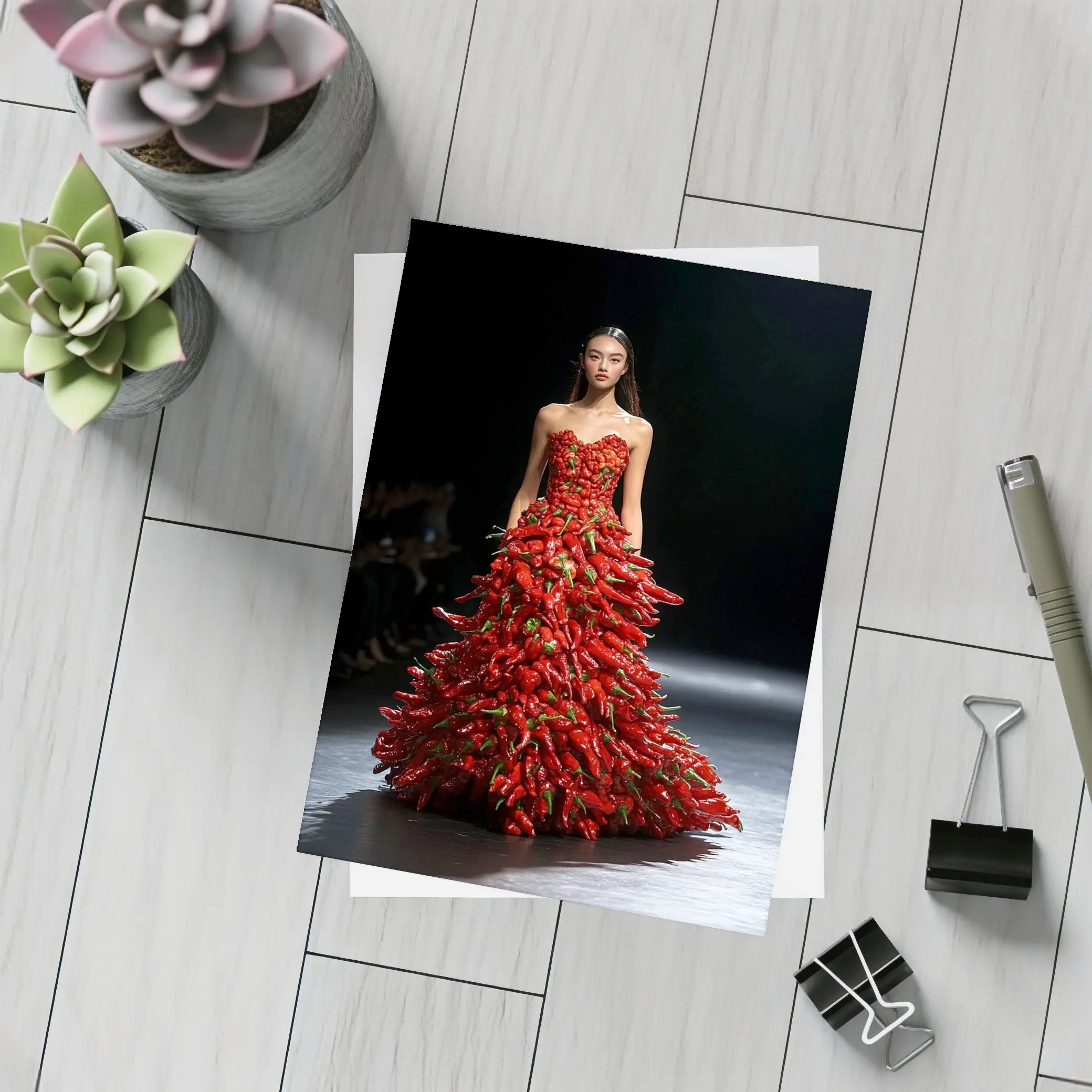 Model Wearing Red Chili Pepper Gown Runway – Postcards