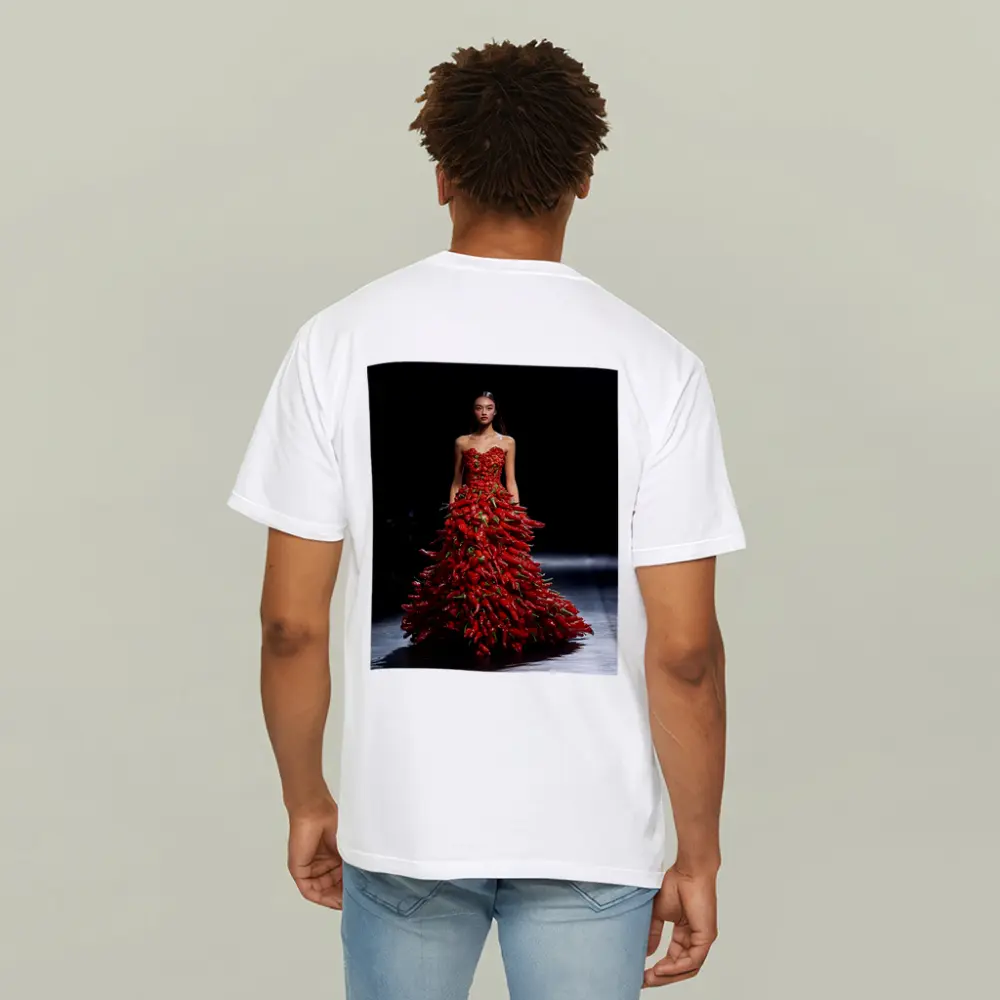 Model Wearing Red Chili Pepper Gown Runway – T-Shirts