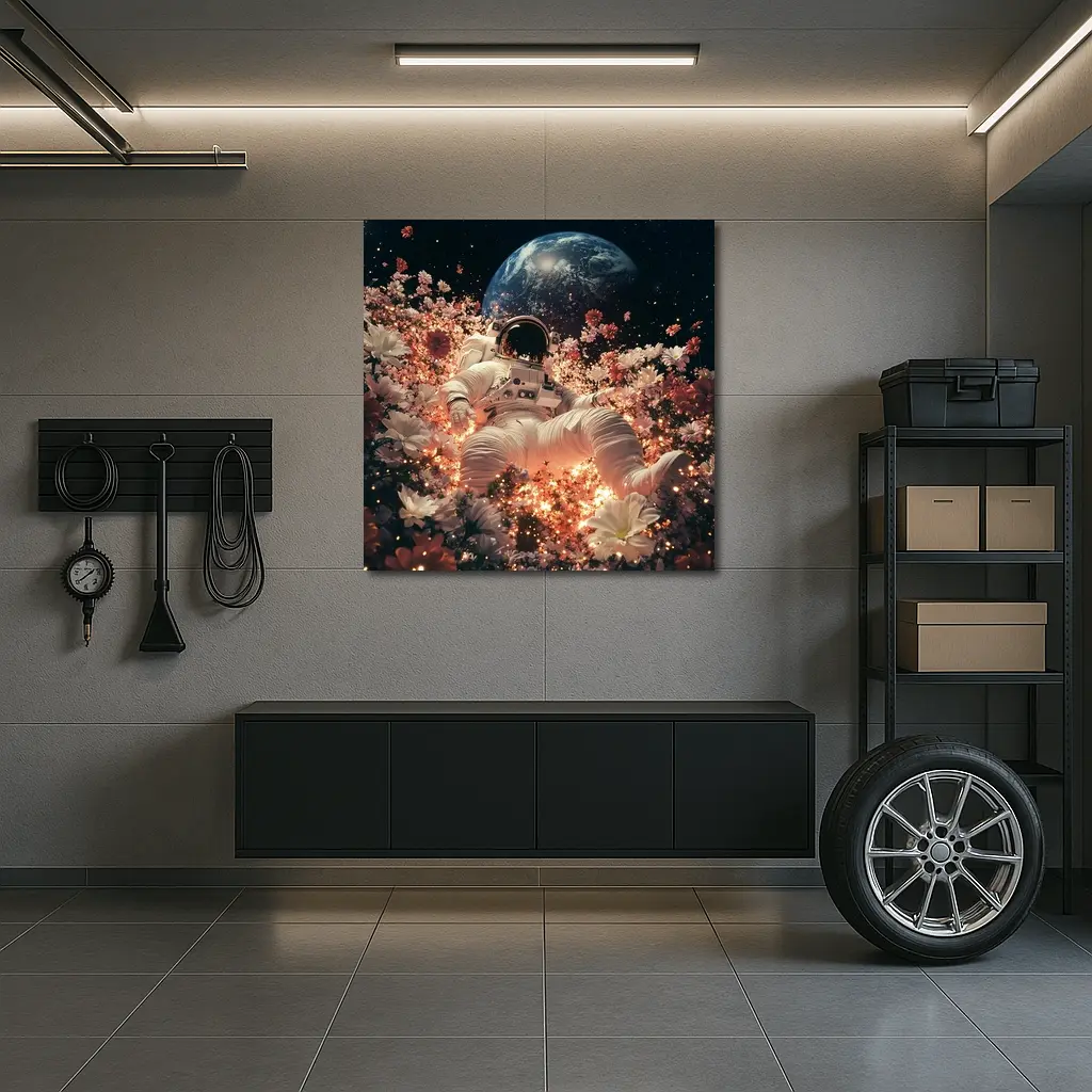 Astronaut Floating Among Flowers Earth Background – Wall Art