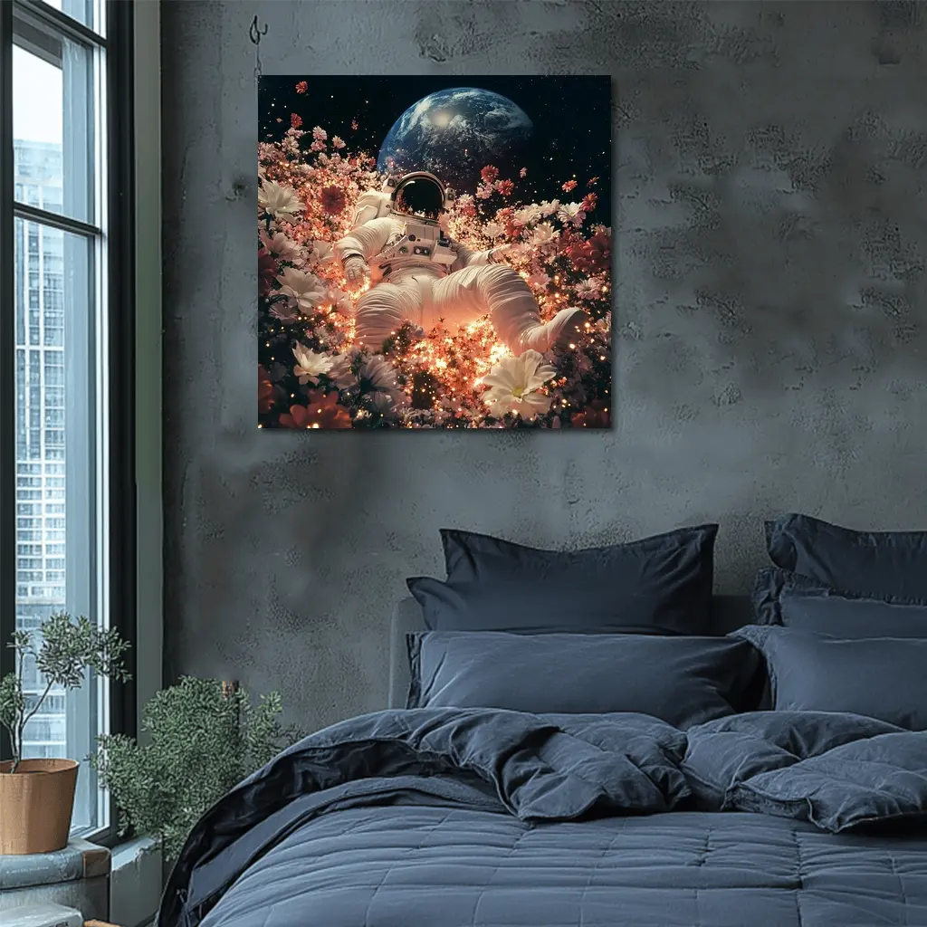 Astronaut Floating Among Flowers Earth Background – Wall Art