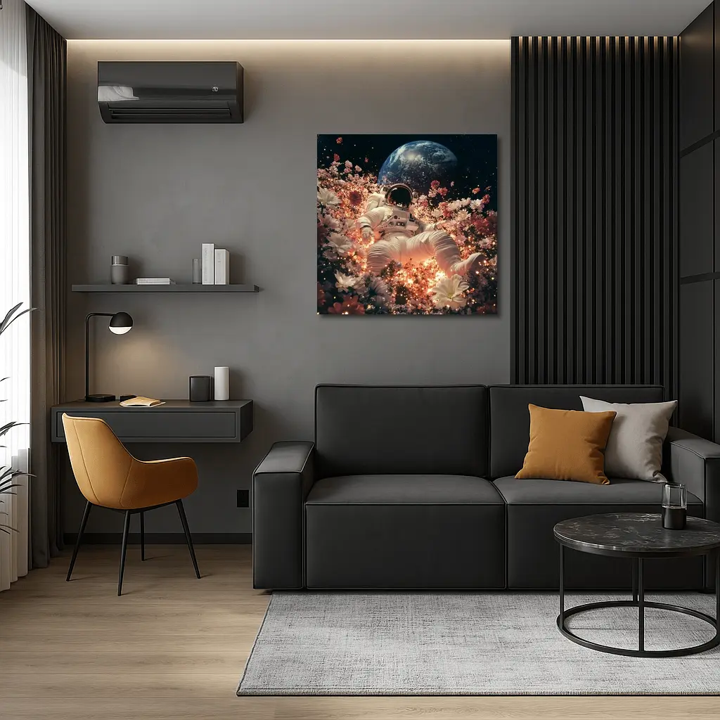 Astronaut Floating Among Flowers Earth Background – Wall Art