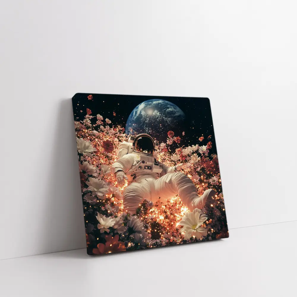 Astronaut Floating Among Flowers Earth Background – Wall Art