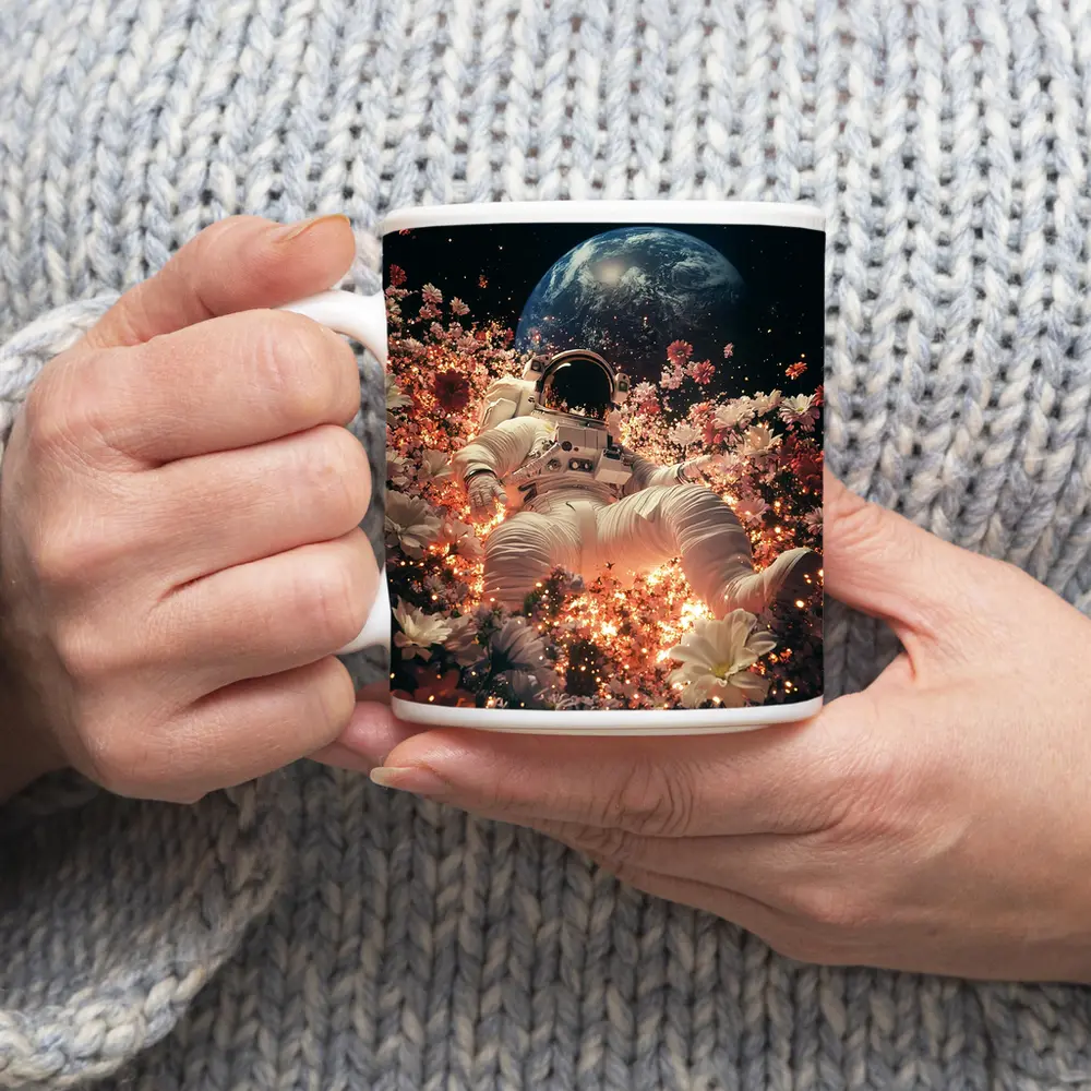Astronaut Floating Among Flowers Earth Background – Mugs