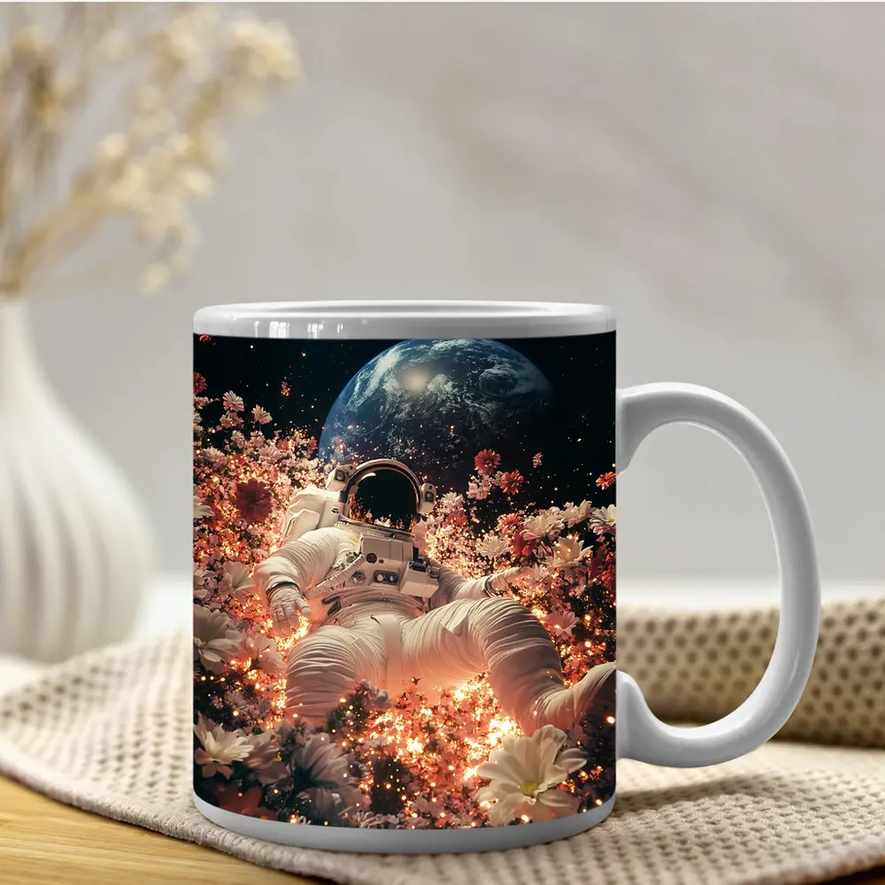 Astronaut Floating Among Flowers Earth Background – Mugs