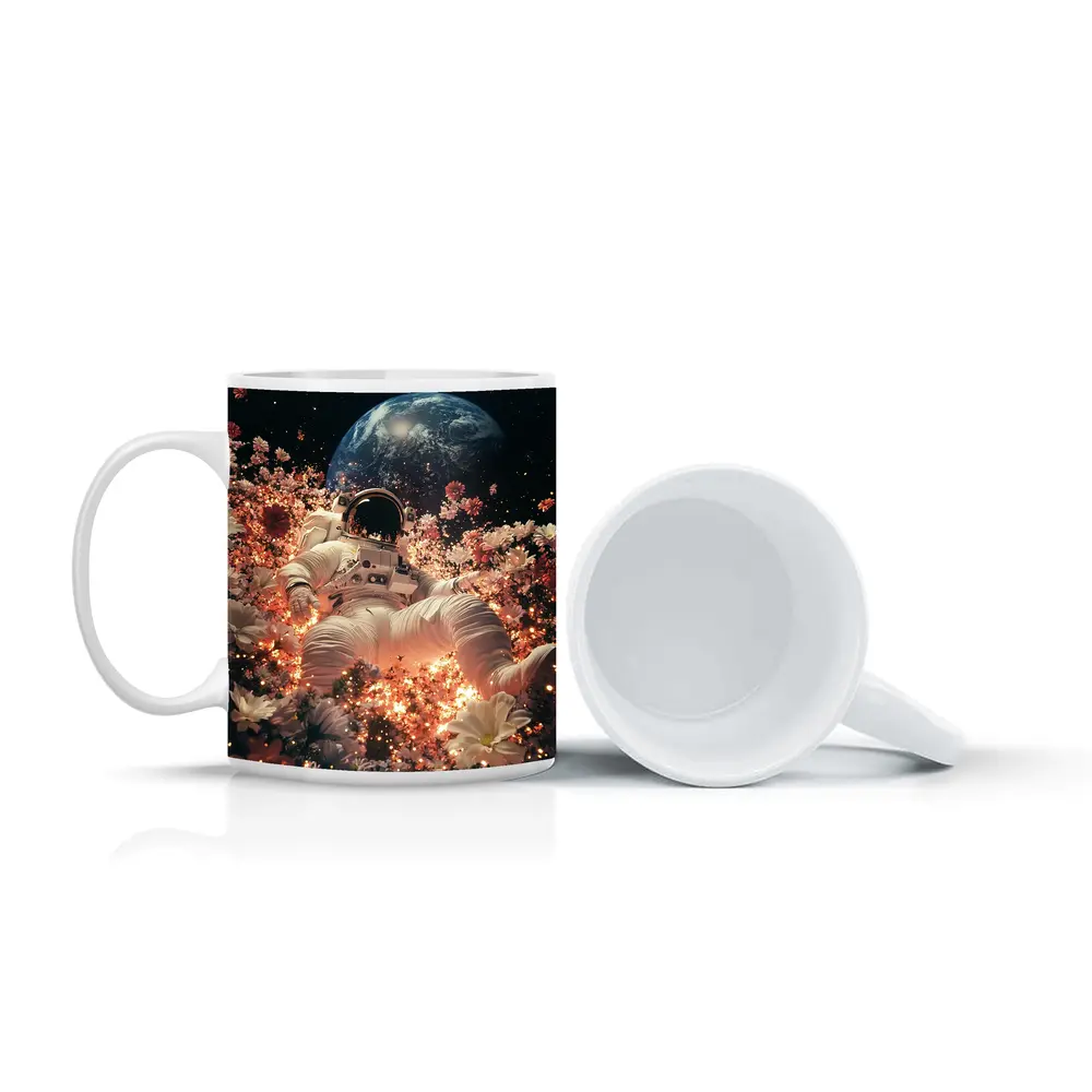 Astronaut Floating Among Flowers Earth Background – Mugs