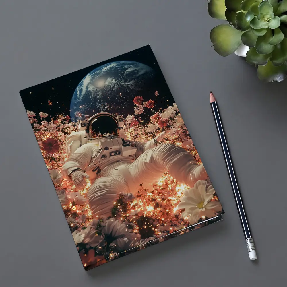 Astronaut Floating Among Flowers Earth Background – Notebooks
