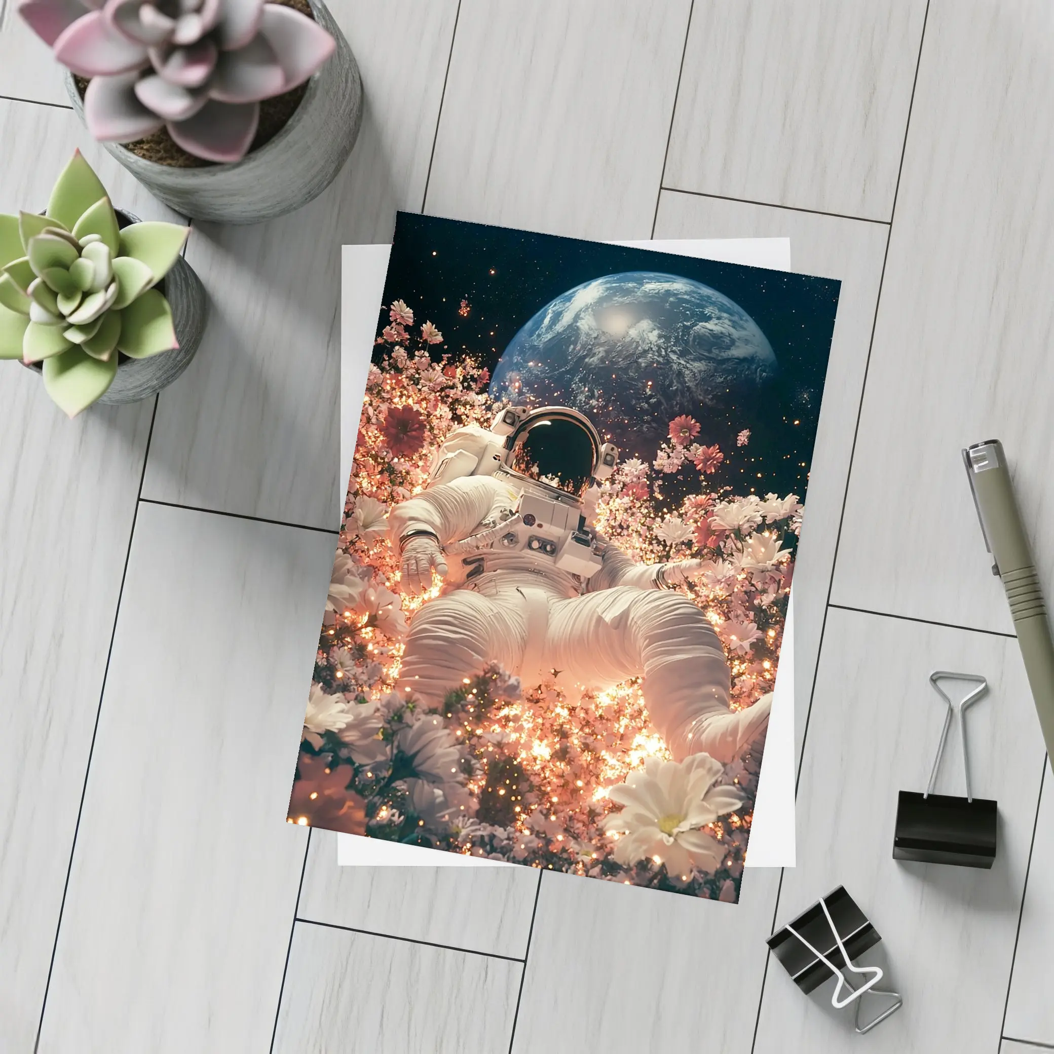 Astronaut Floating Among Flowers Earth Background – Postcards