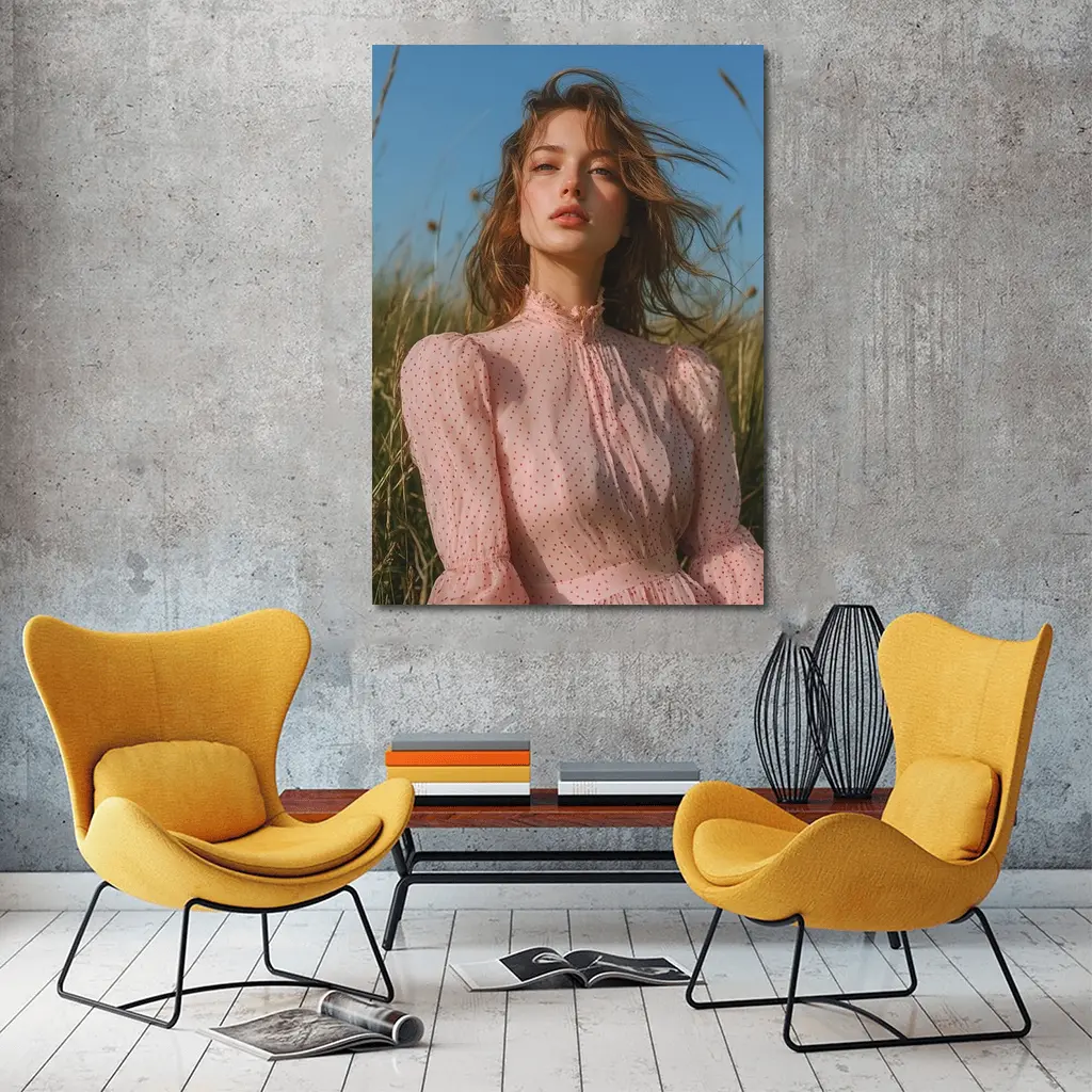 Young Woman Pink Dress Summer Meadow – Wall Art