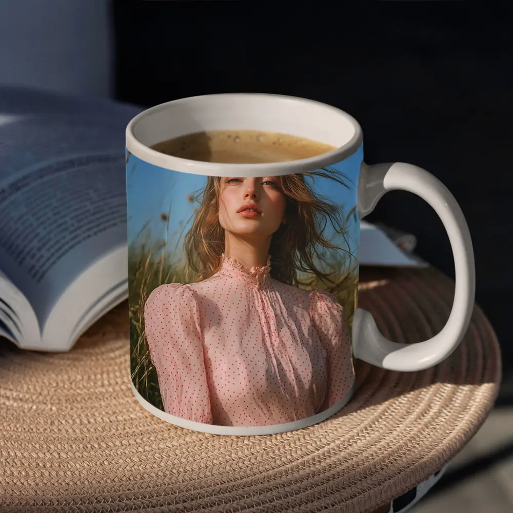 Young Woman Pink Dress Summer Meadow – Mugs