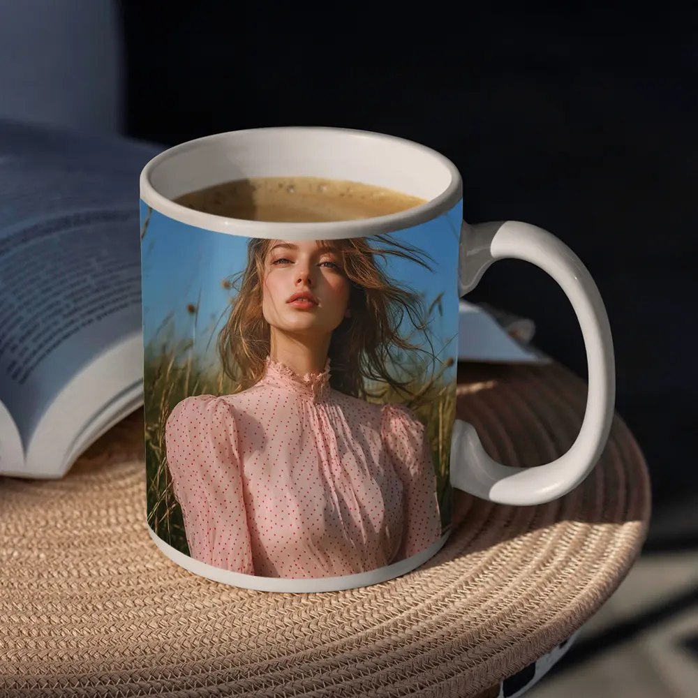 Young Woman Pink Dress Summer Meadow – Mugs
