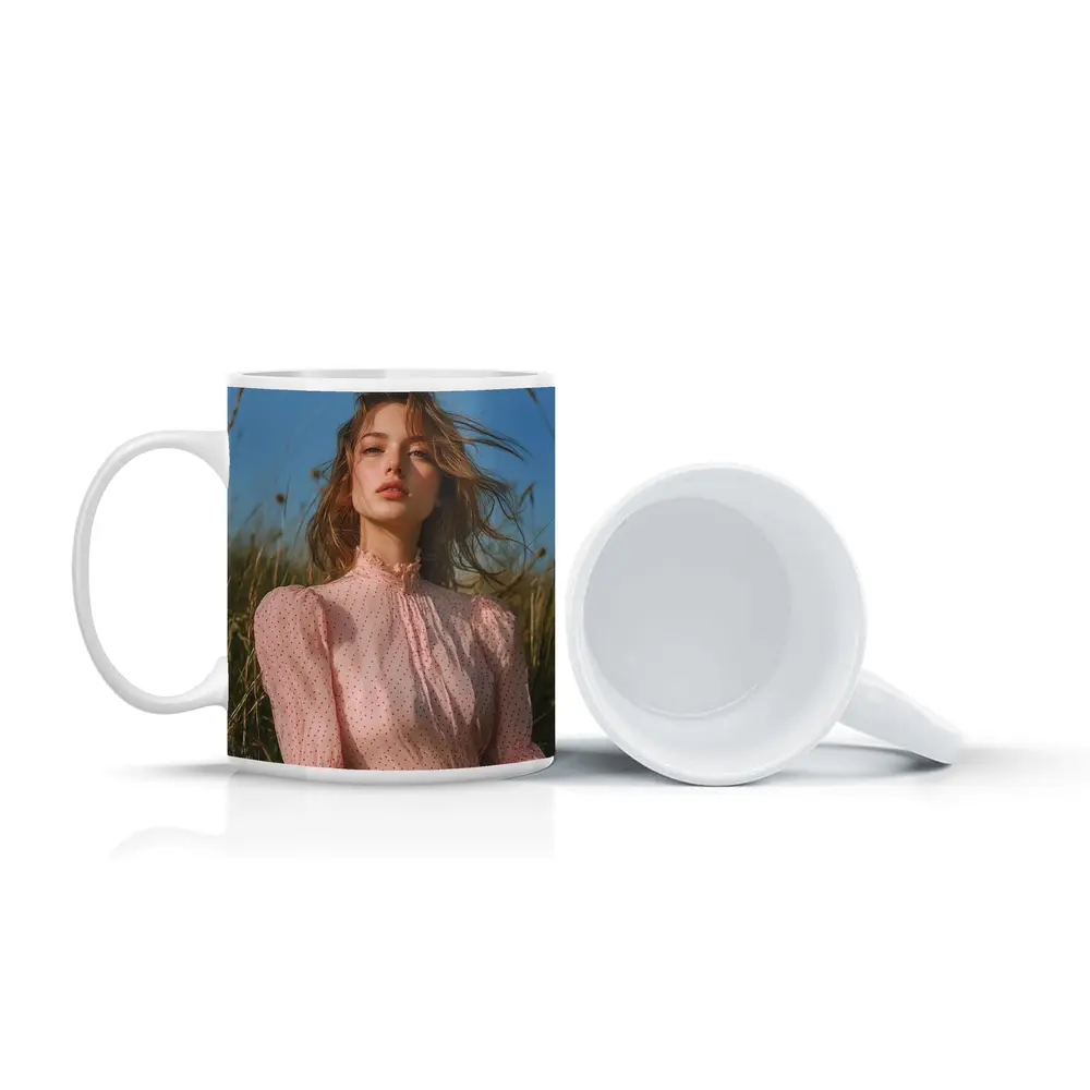 Young Woman Pink Dress Summer Meadow – Mugs