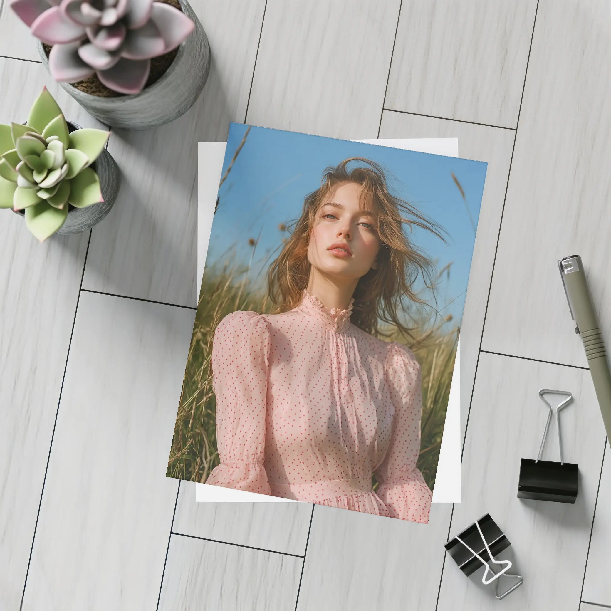 Young Woman Pink Dress Summer Meadow – Postcards