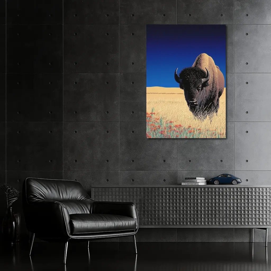 Bison Standing Tall Golden Prairie Blue Sky – Wall Art