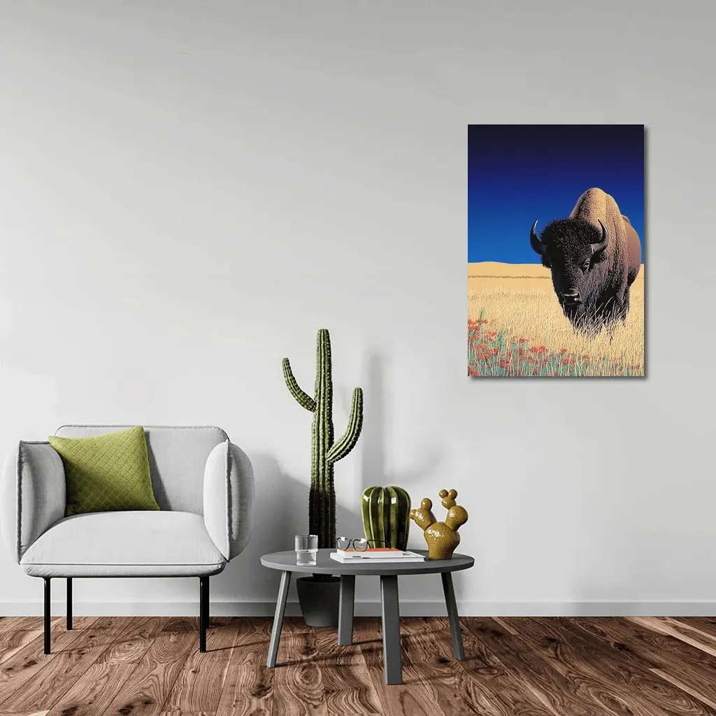 Bison Standing Tall Golden Prairie Blue Sky – Wall Art