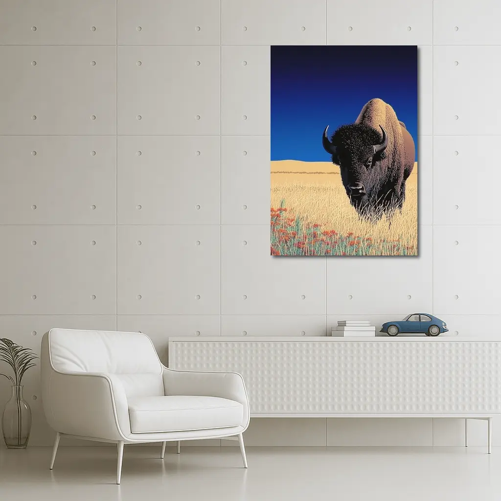 Bison Standing Tall Golden Prairie Blue Sky – Wall Art