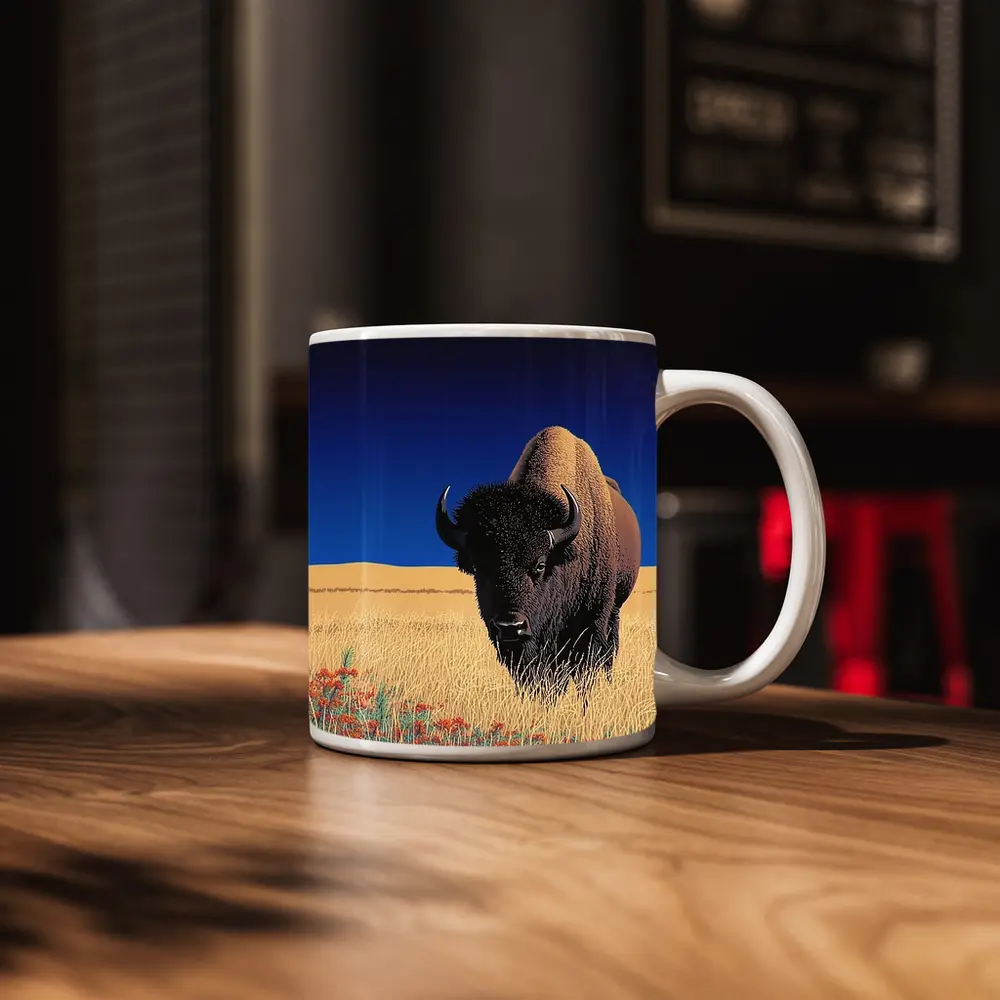 Bison Standing Tall Golden Prairie Blue Sky – Mugs