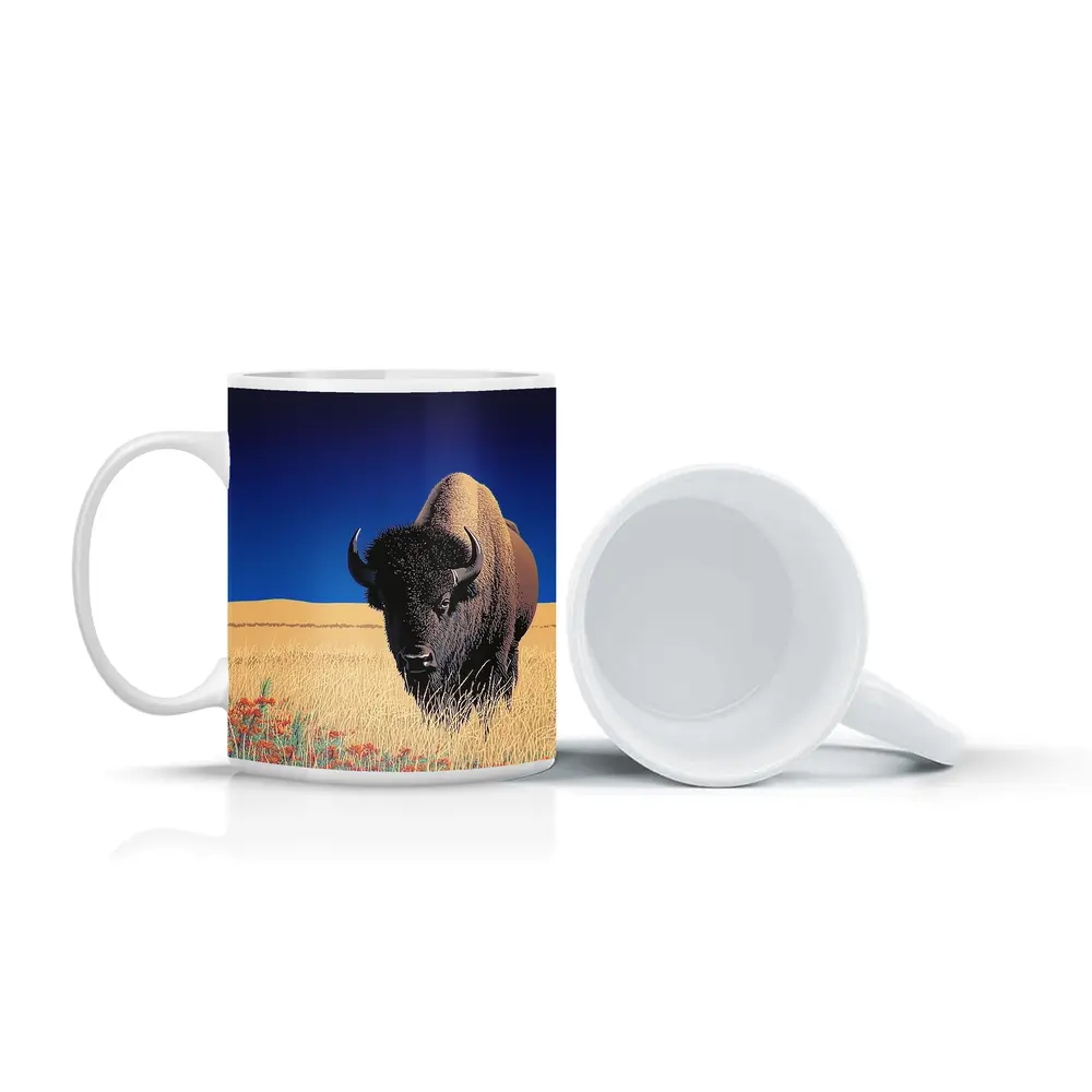 Bison Standing Tall Golden Prairie Blue Sky – Mugs