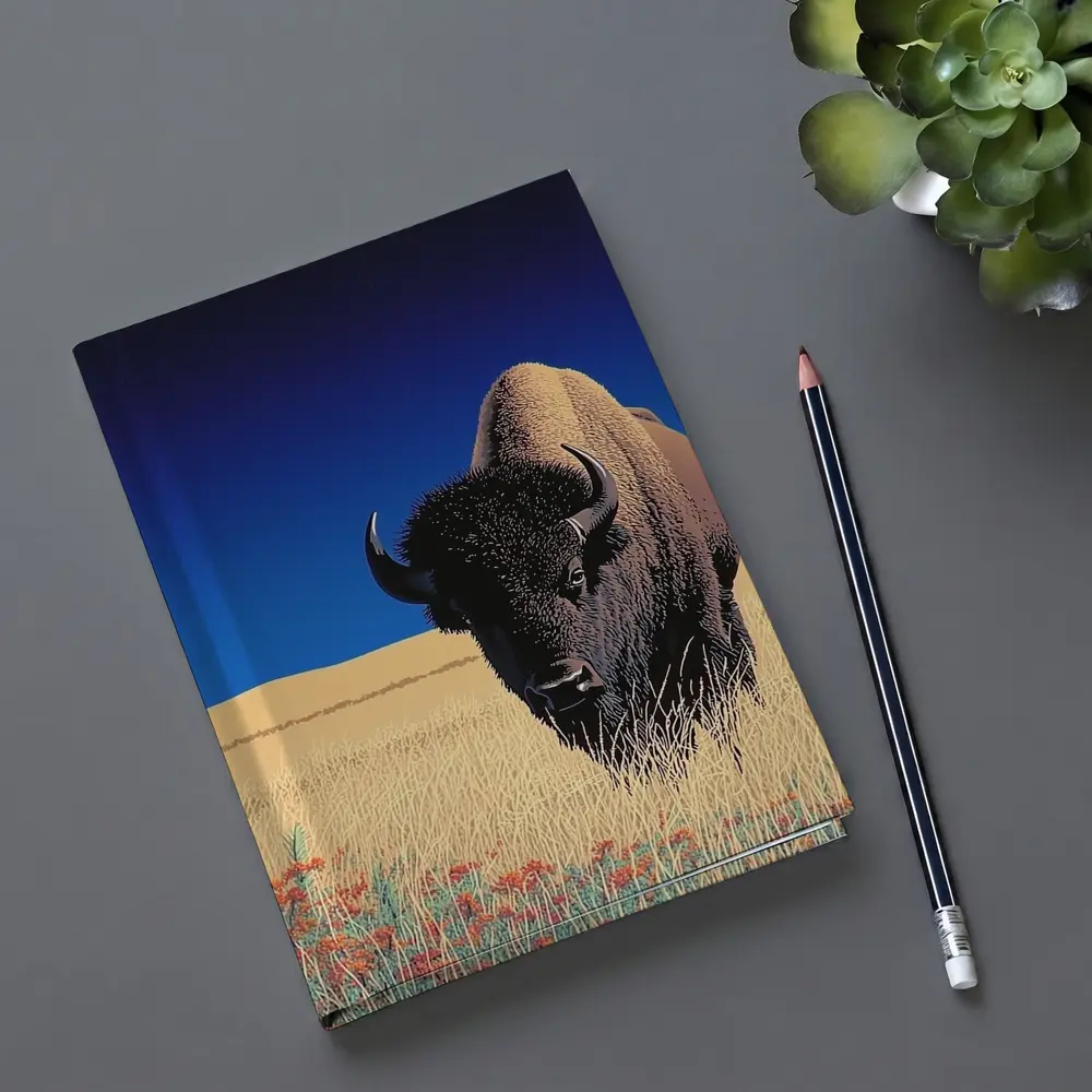 Bison Standing Tall Golden Prairie Blue Sky – Notebooks