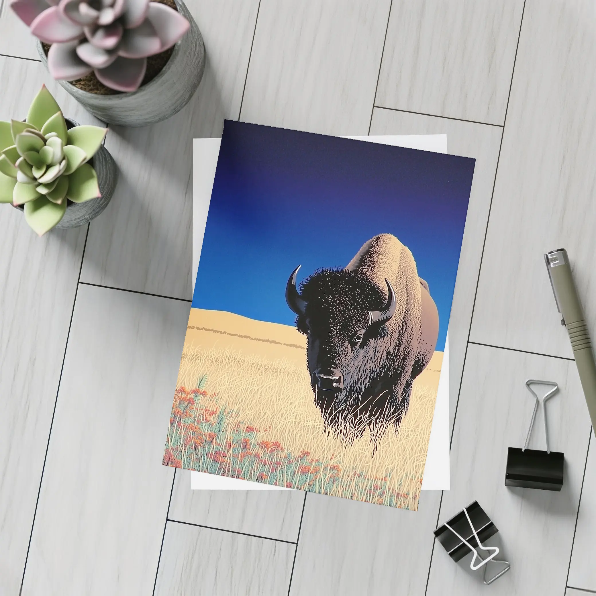 Bison Standing Tall Golden Prairie Blue Sky – Postcards