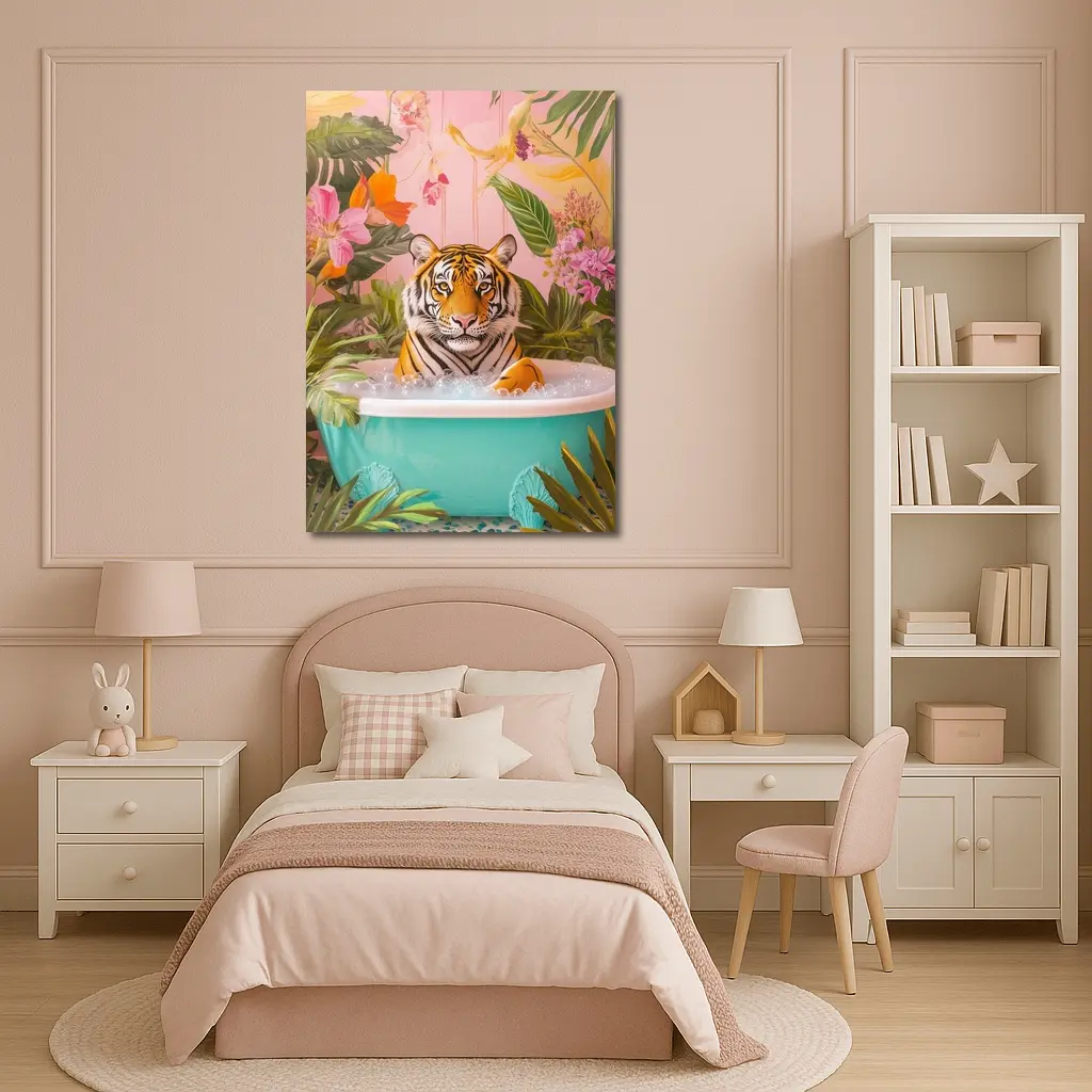 Tiger Relaxing In Tropical Floral Bath – Wall Art