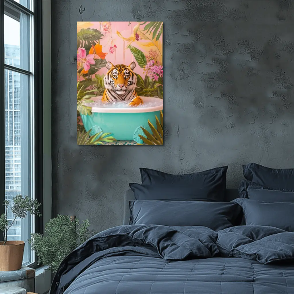 Tiger Relaxing In Tropical Floral Bath – Wall Art