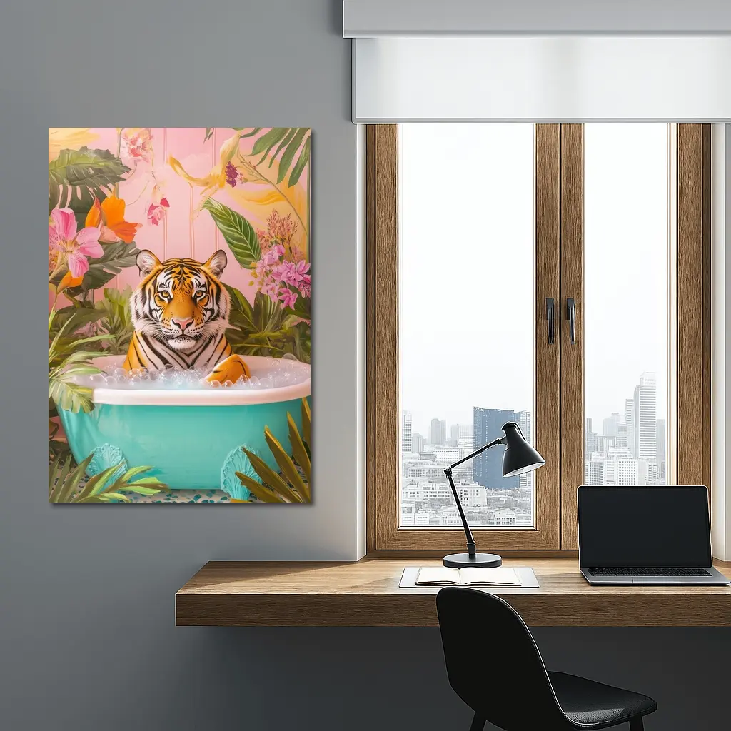 Tiger Relaxing In Tropical Floral Bath – Wall Art