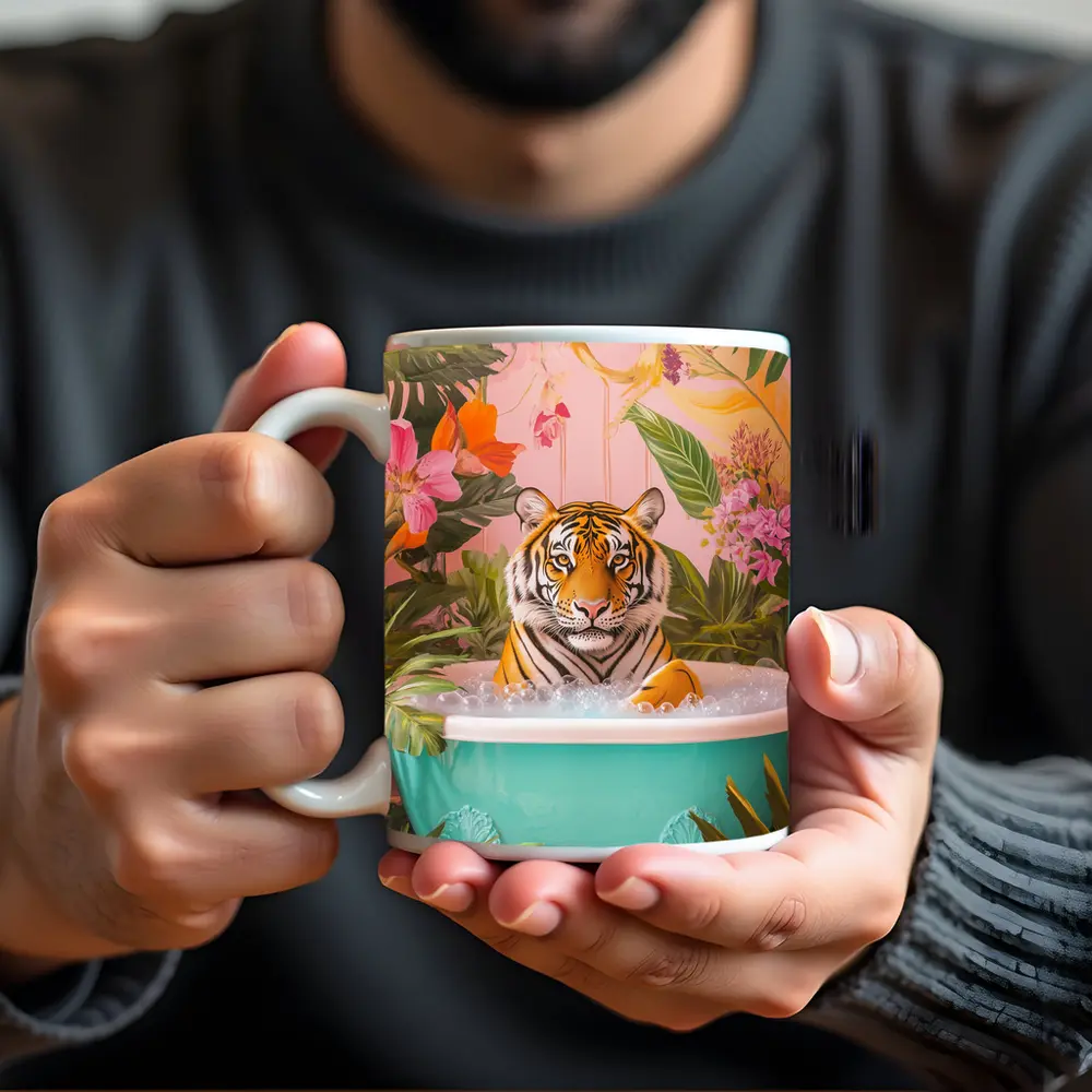 Tiger Relaxing In Tropical Floral Bath – Mugs