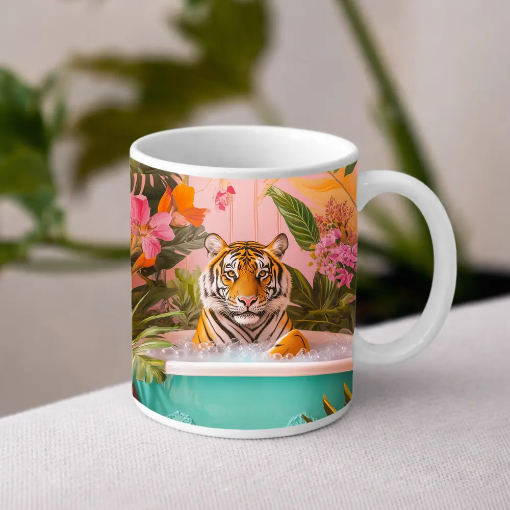 Tiger Relaxing In Tropical Floral Bath – Mugs