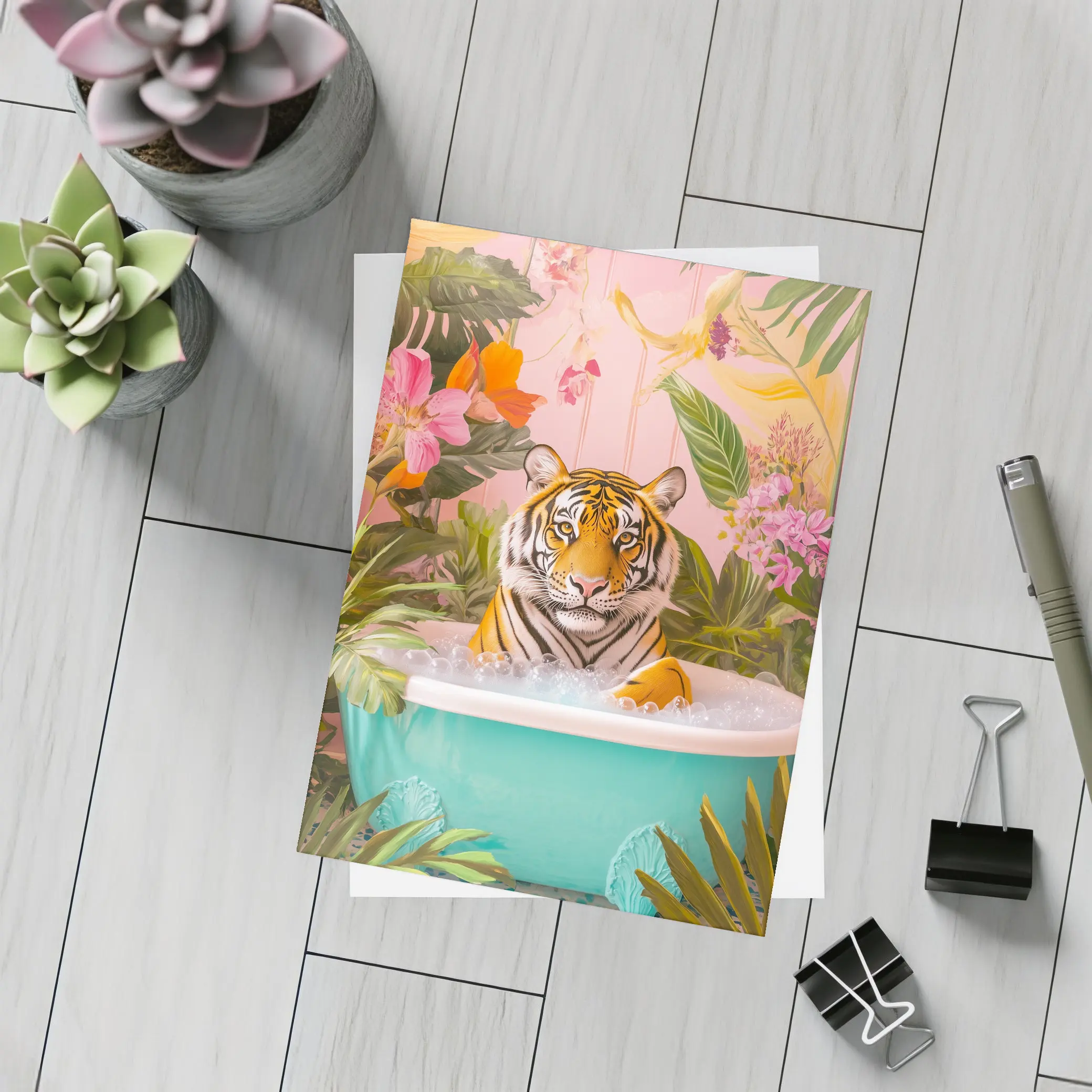Tiger Relaxing In Tropical Floral Bath – Postcards