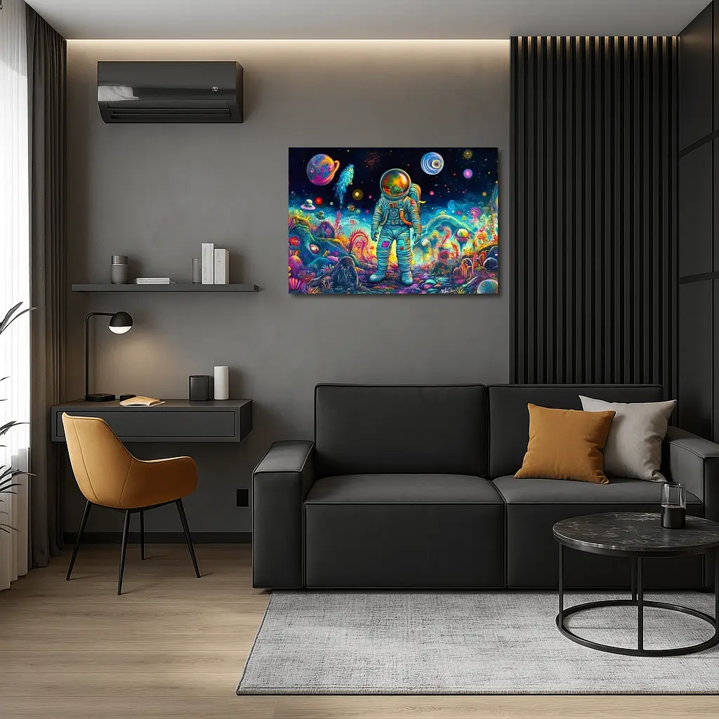 Astronaut Standing In Colorful Alien Landscape – Wall Art
