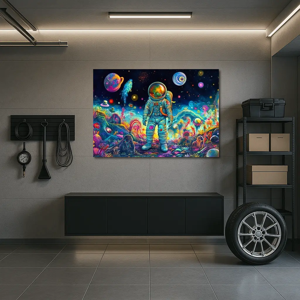 Astronaut Standing In Colorful Alien Landscape – Wall Art