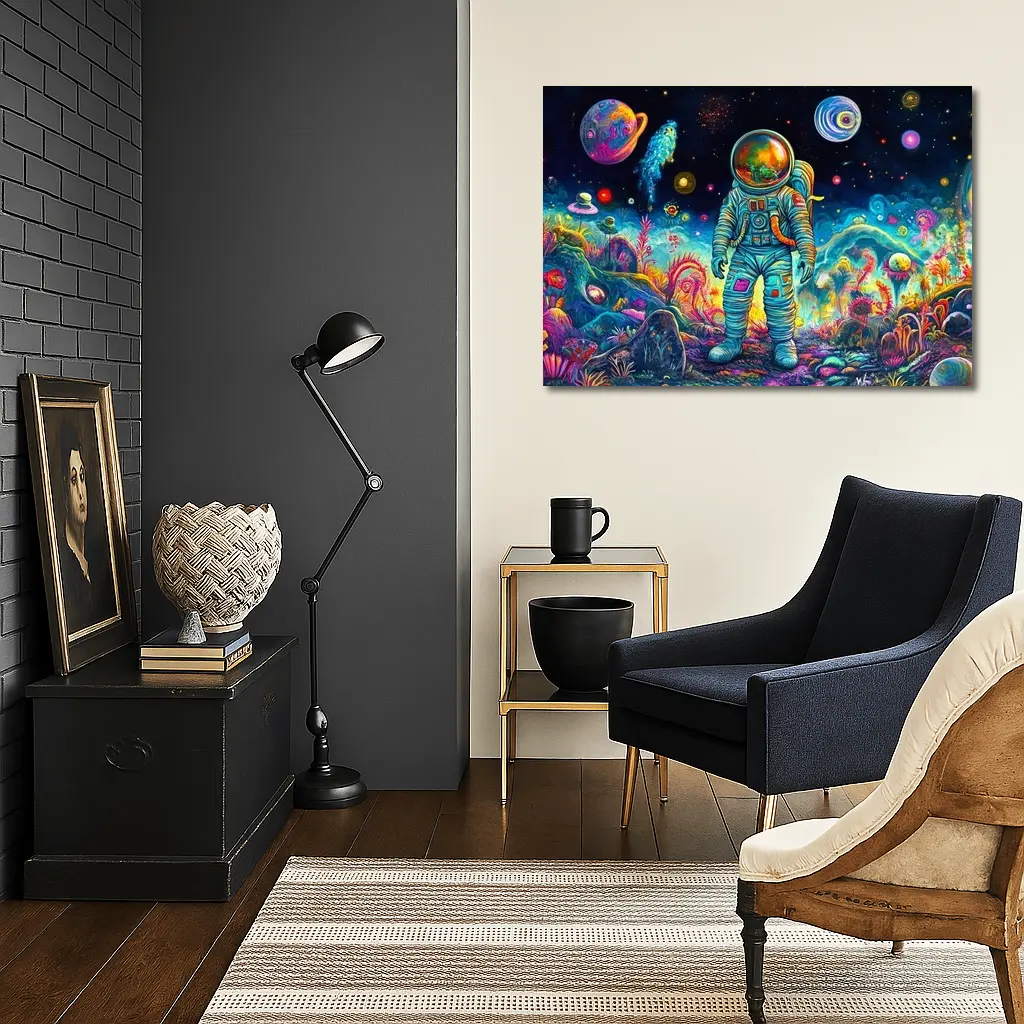 Astronaut Standing In Colorful Alien Landscape – Wall Art