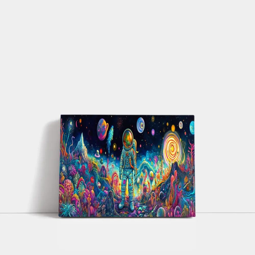 Astronaut Standing In Colorful Alien Landscape – Wall Art