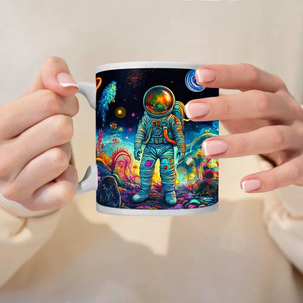 Astronaut Standing In Colorful Alien Landscape – Mugs