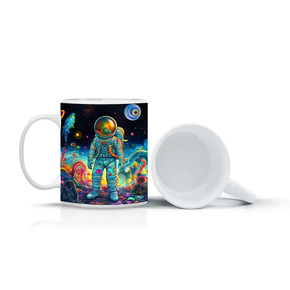 Astronaut Standing In Colorful Alien Landscape – Mugs