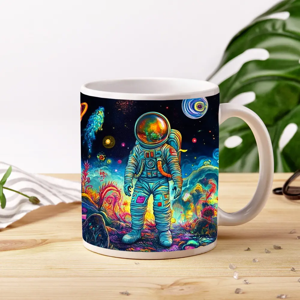 Astronaut Standing In Colorful Alien Landscape – Mugs