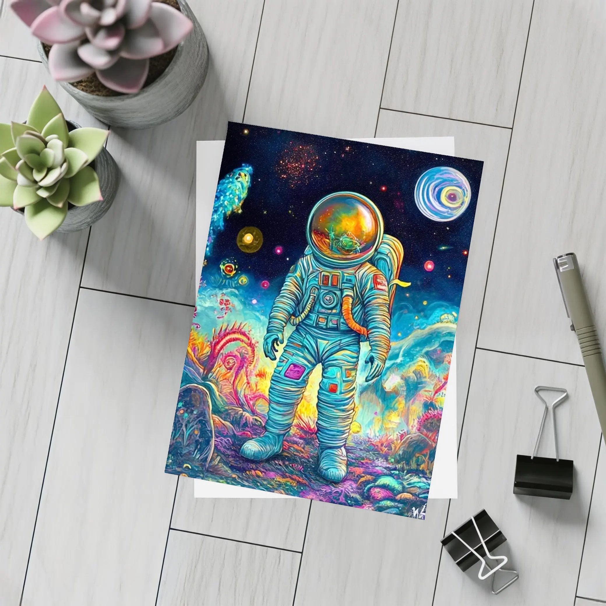 Astronaut Standing In Colorful Alien Landscape – Postcards