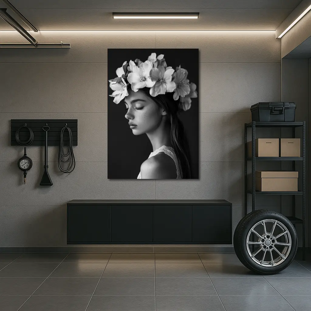 Woman Flower Crown Black White Portrait – Wall Art