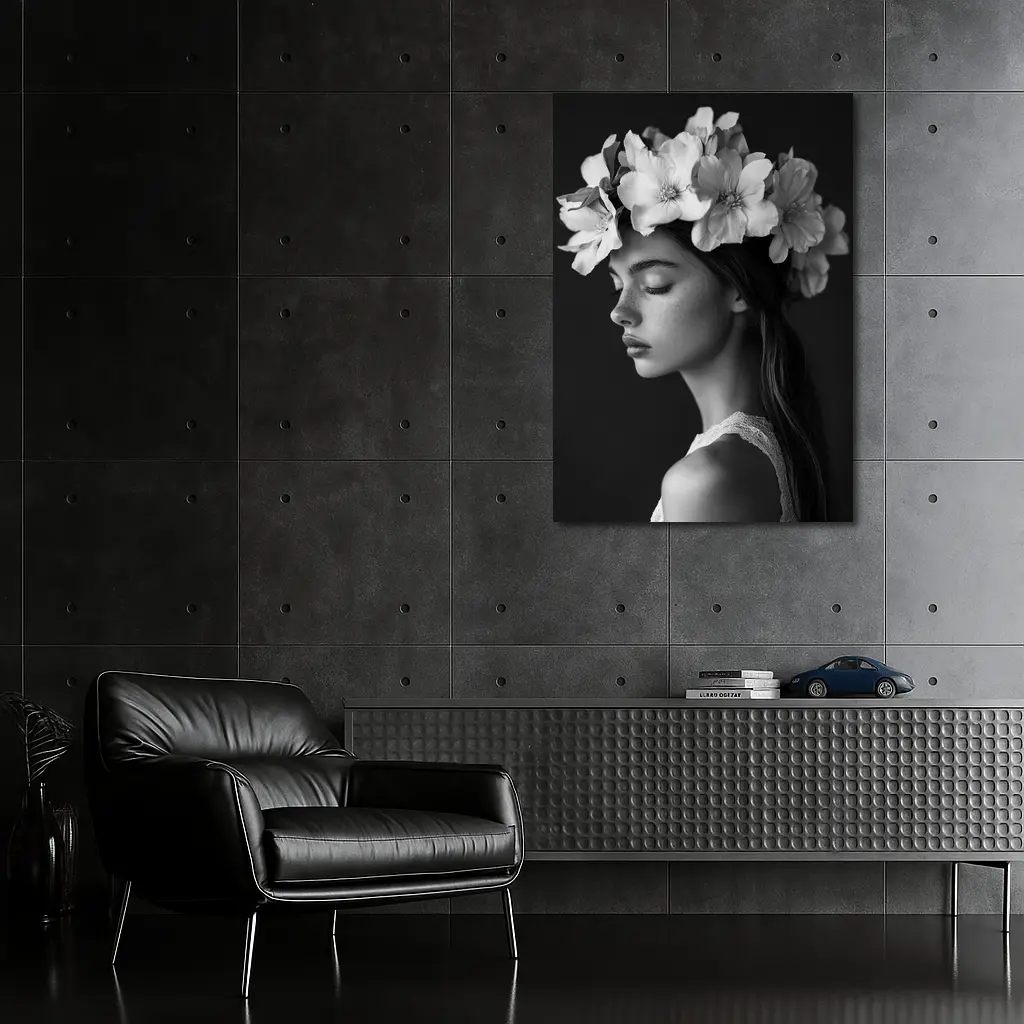 Woman Flower Crown Black White Portrait – Wall Art
