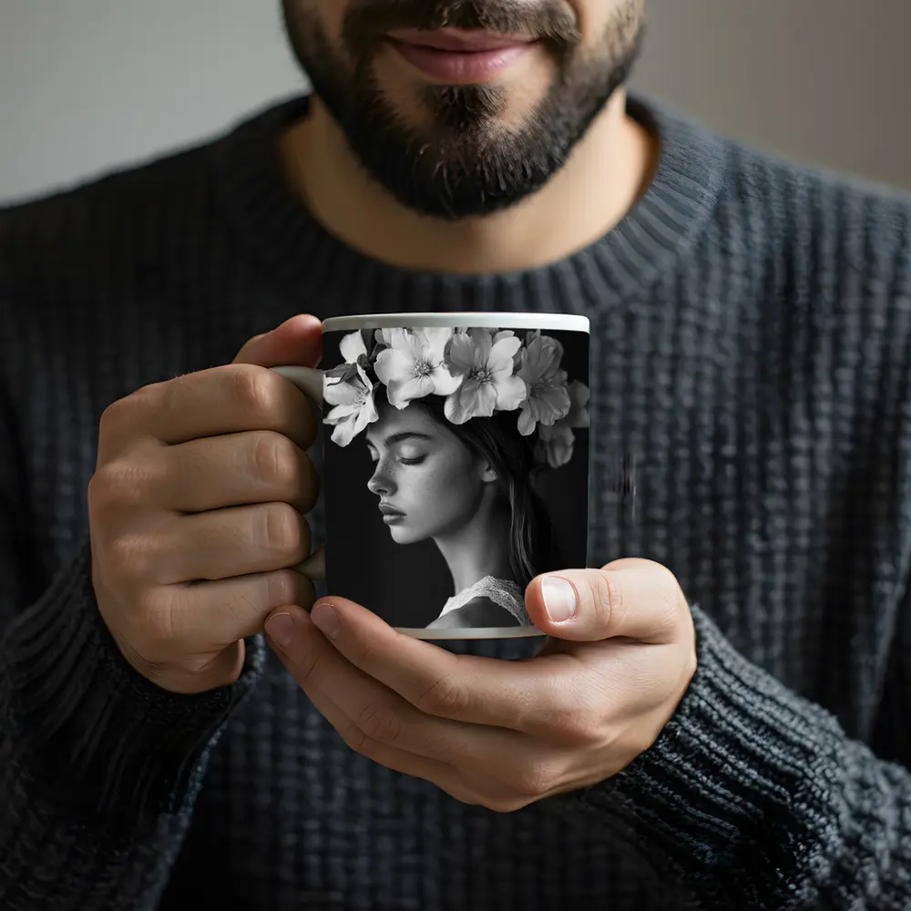 Woman Flower Crown Black White Portrait – Mugs