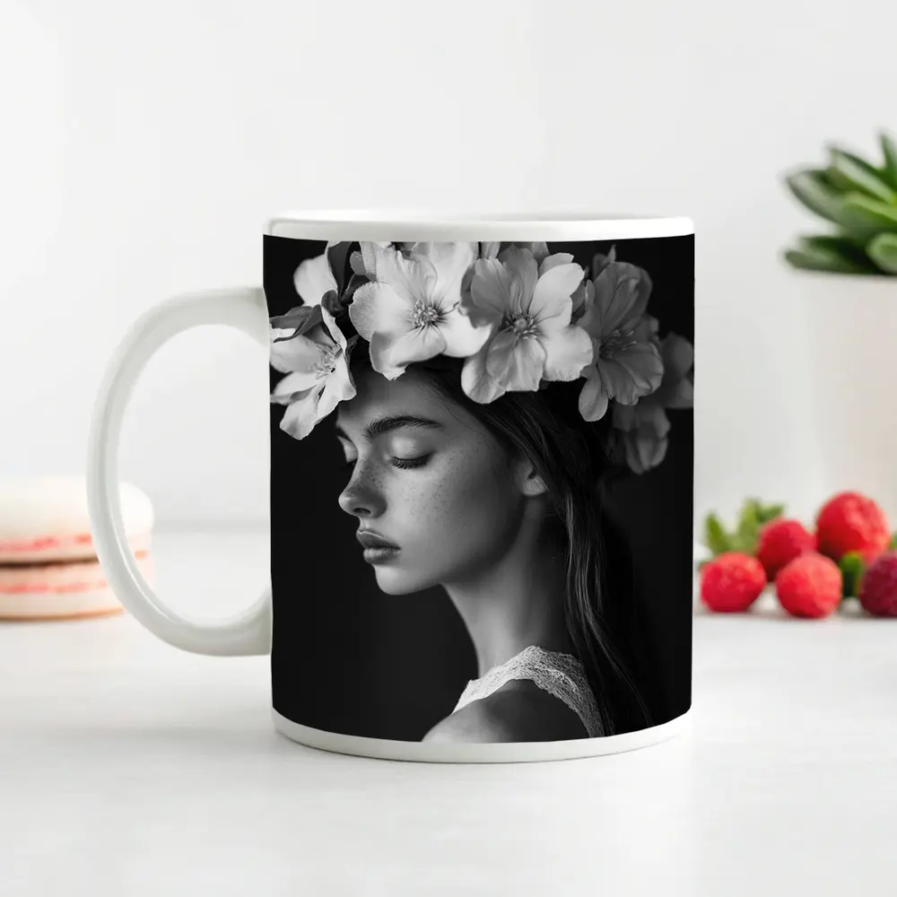 Woman Flower Crown Black White Portrait – Mugs