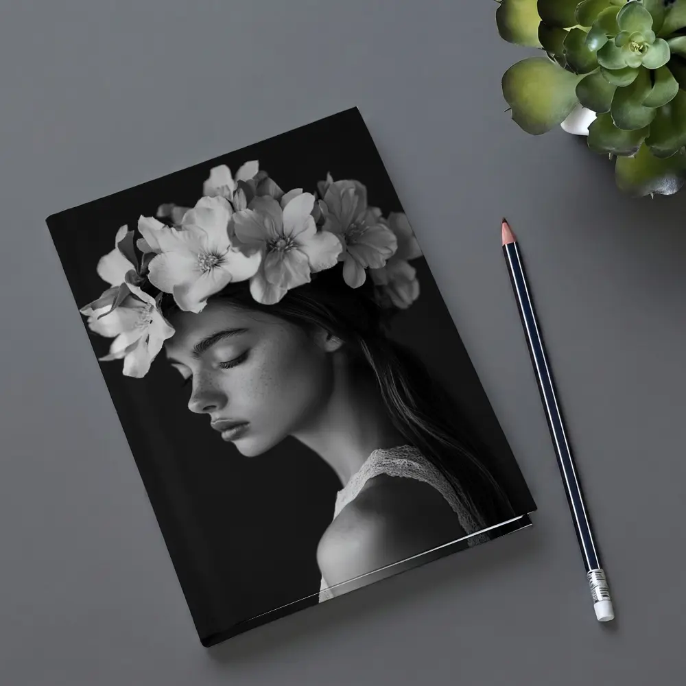 Woman Flower Crown Black White Portrait – Notebooks
