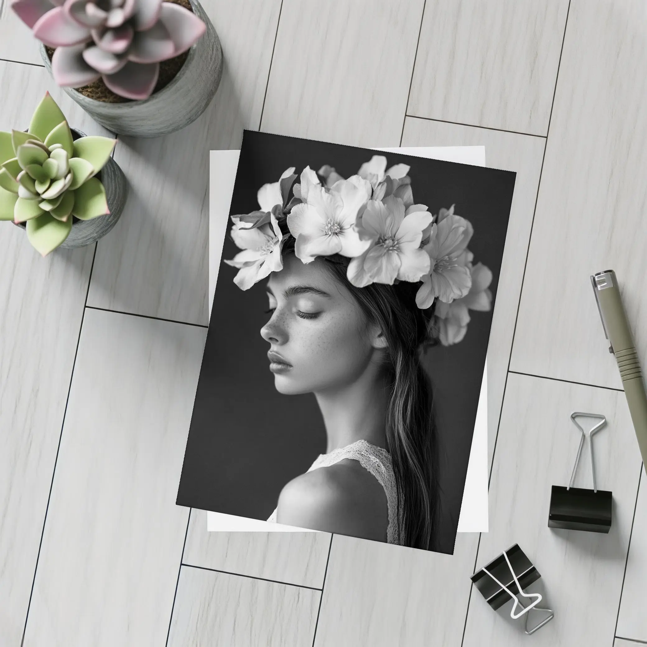 Woman Flower Crown Black White Portrait – Postcards